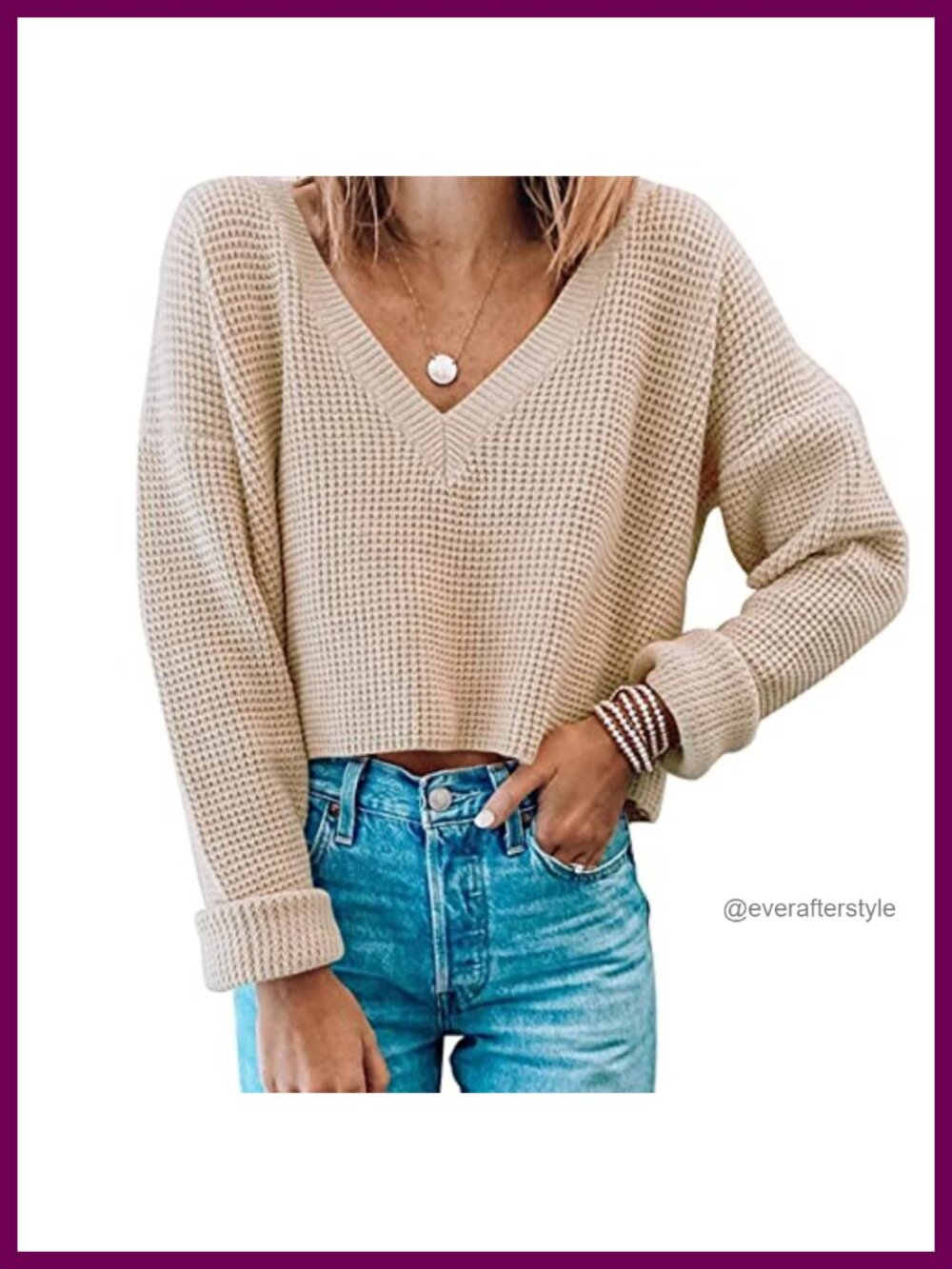 Womens Waffle Knit Crop V Neck Long Sleeve Pullover Sweater